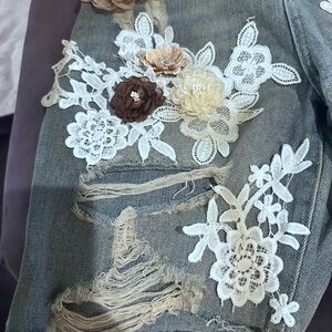 Women's Light Blue Denim Shorts with Floral Lace Appliqué
